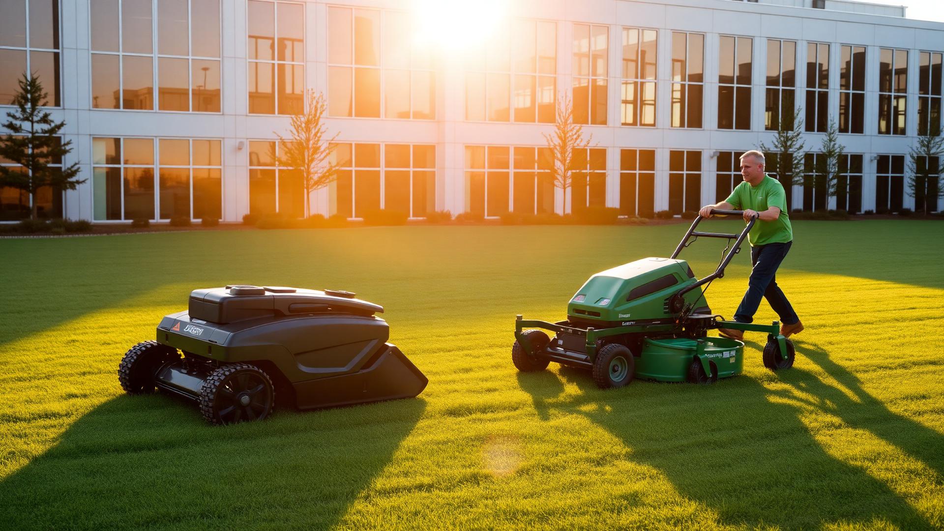 Commercial lawn mowing equipment on a corporate campus